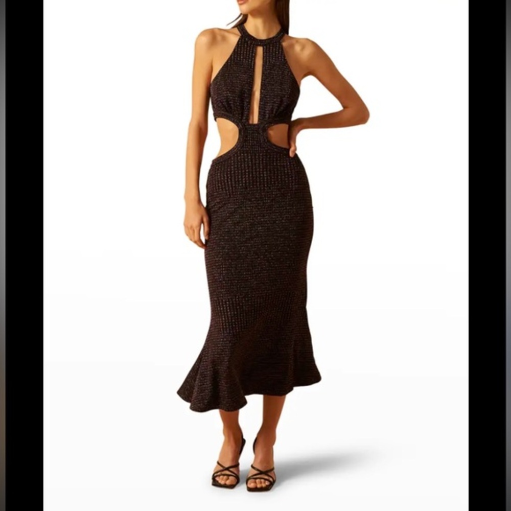 MISHA Marisa $335 Cutout Halter Midi Dress - Black with Metallic Accent NWT Sz S